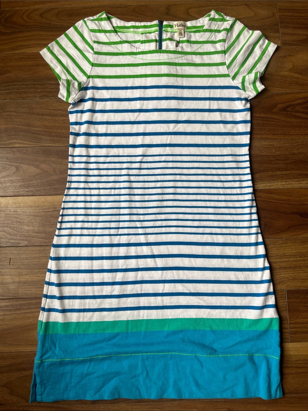 Hatley White Dress with Blue & Green Stripes Summer Midi Medium Cotton